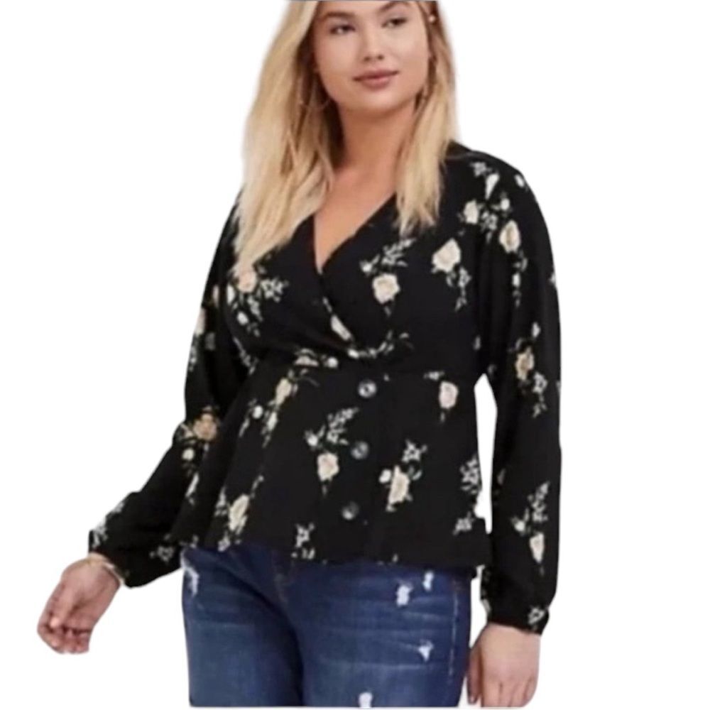 NWT Torrid Black Floral Crepe Surplice Midi Peplum Long Sleeve Blouse Size 2X